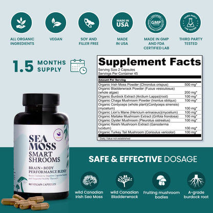HAPPY FOX Irish Sea Moss Capsules & Mushroom Complex - 1500mg, 90 Vegan Capsules