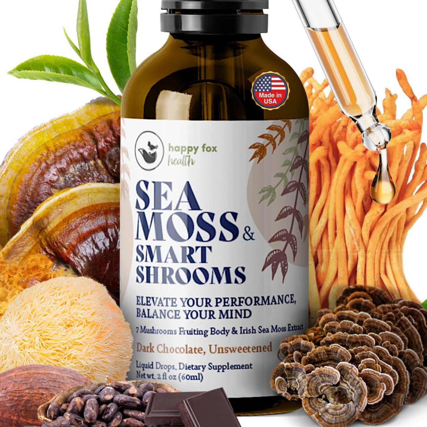 HAPPY FOX Irish Sea Moss Drops & Mushroom Tincture - 7 Adaptogenic Mushrooms