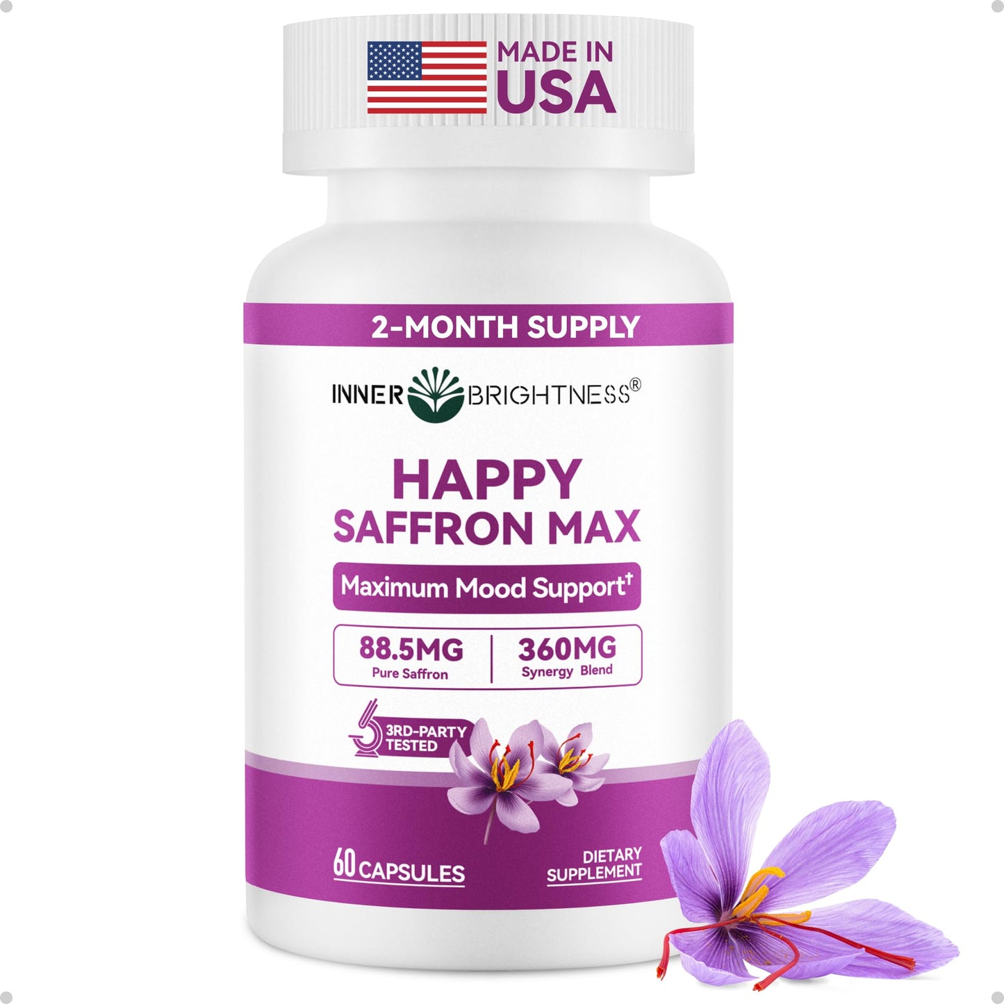 Happy Saffron Max: Mood, Energy & Focus Support - 60 Veg Capsules | Made in USA