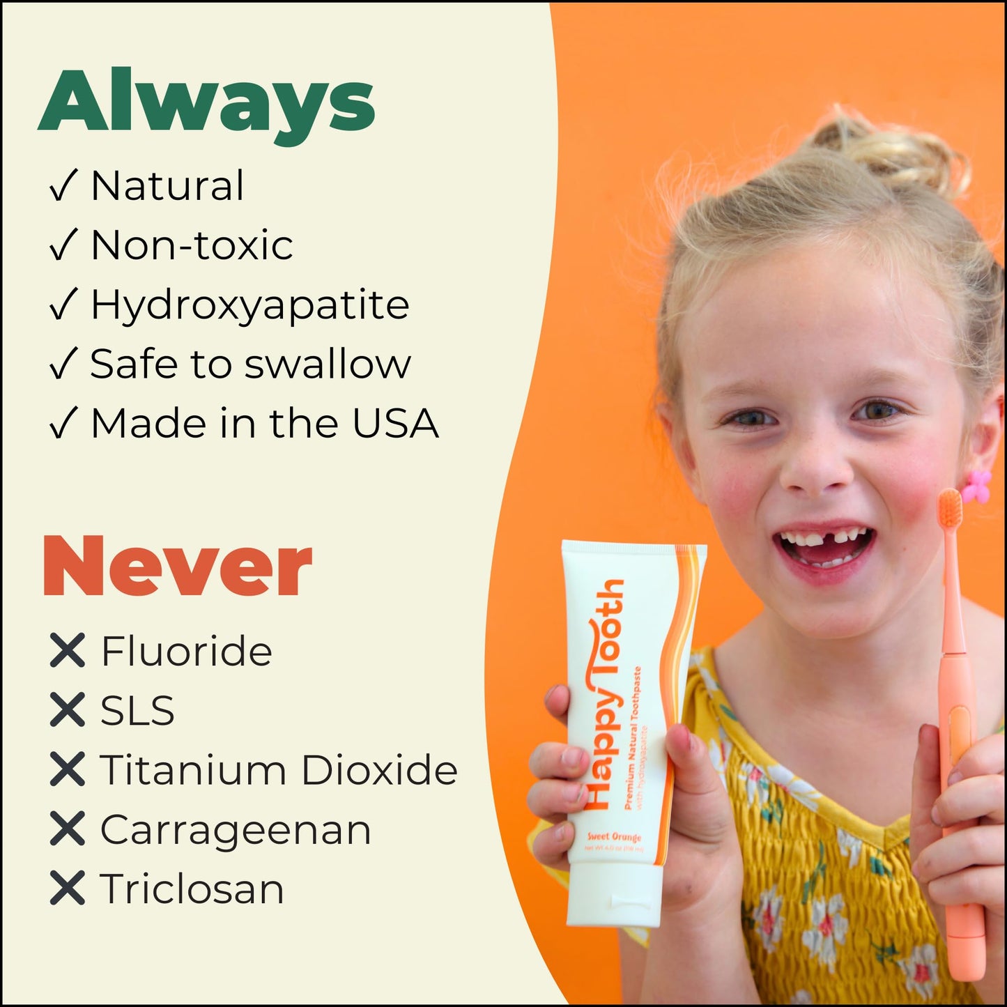 Happy Tooth Hydroxyapatite Toothpaste - Fluoride Free, Enamel Safe (4oz)