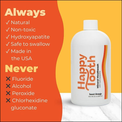 Happy Tooth Hydroxyapatite Mouthwash – Fluoride Free, Enamel Remineralization, Dentist-Formulated