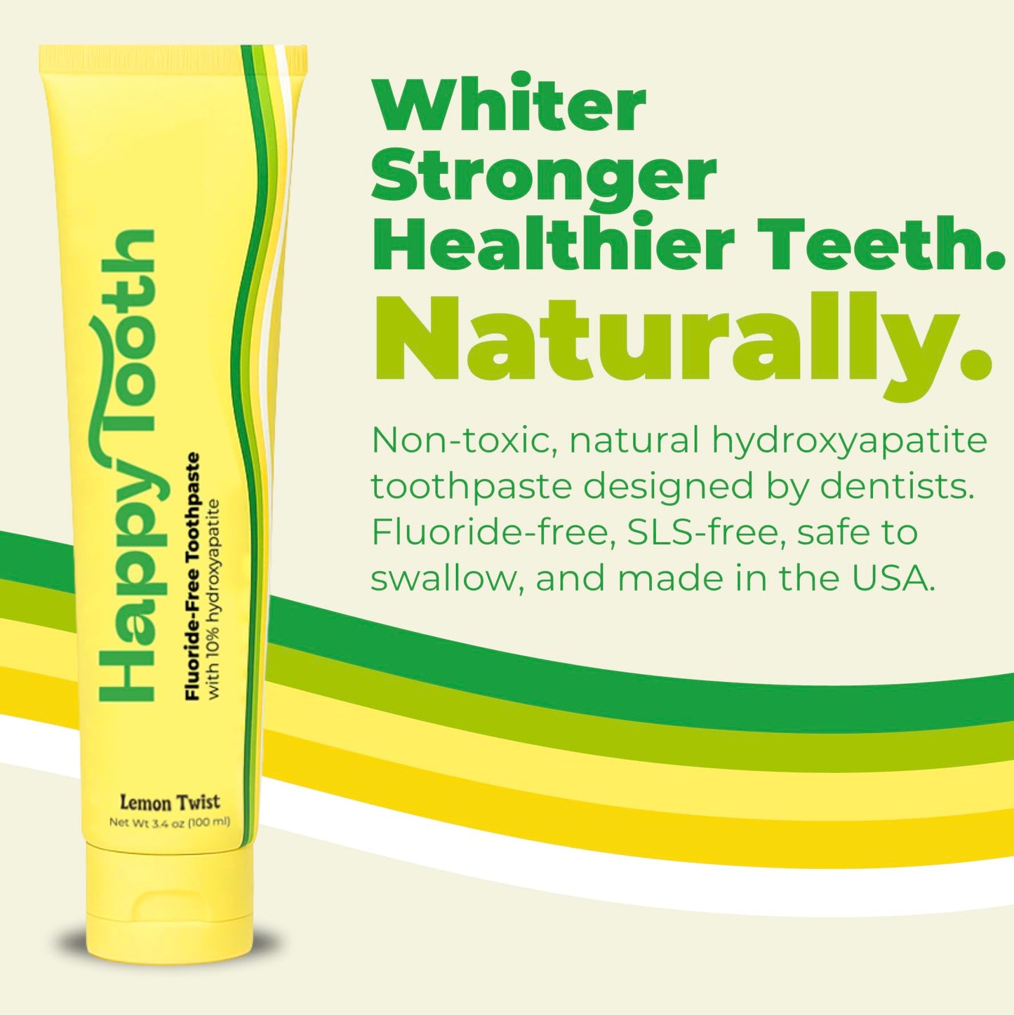 Happy Tooth Hydroxyapatite Toothpaste – Fluoride Free, Lemon Twist, 3.4 oz | For Kids, Toddlers & Adults