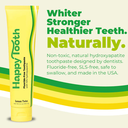 Happy Tooth Hydroxyapatite Toothpaste – Fluoride Free, Lemon Twist, 3.4 oz | For Kids, Toddlers & Adults