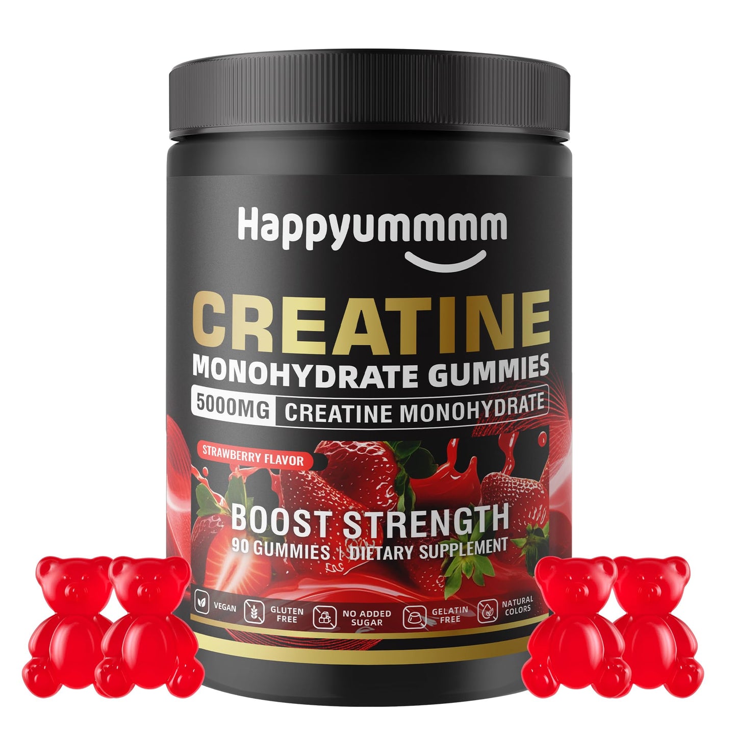Happyummmm Creatine Monohydrate Gummies 2.5g per Gummy - Strawberry 90 ct | Vegan, Gluten-Free, Non-GMO