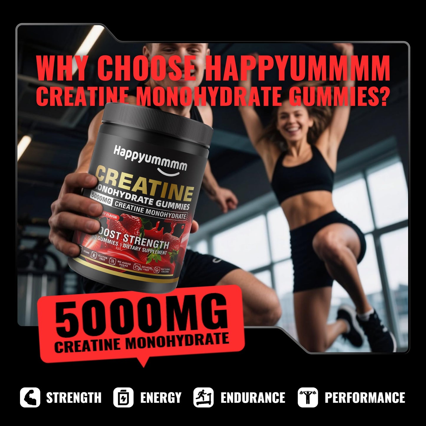 Happyummmm Creatine Monohydrate Gummies 2.5g per Gummy - Strawberry 90 ct | Vegan, Gluten-Free, Non-GMO