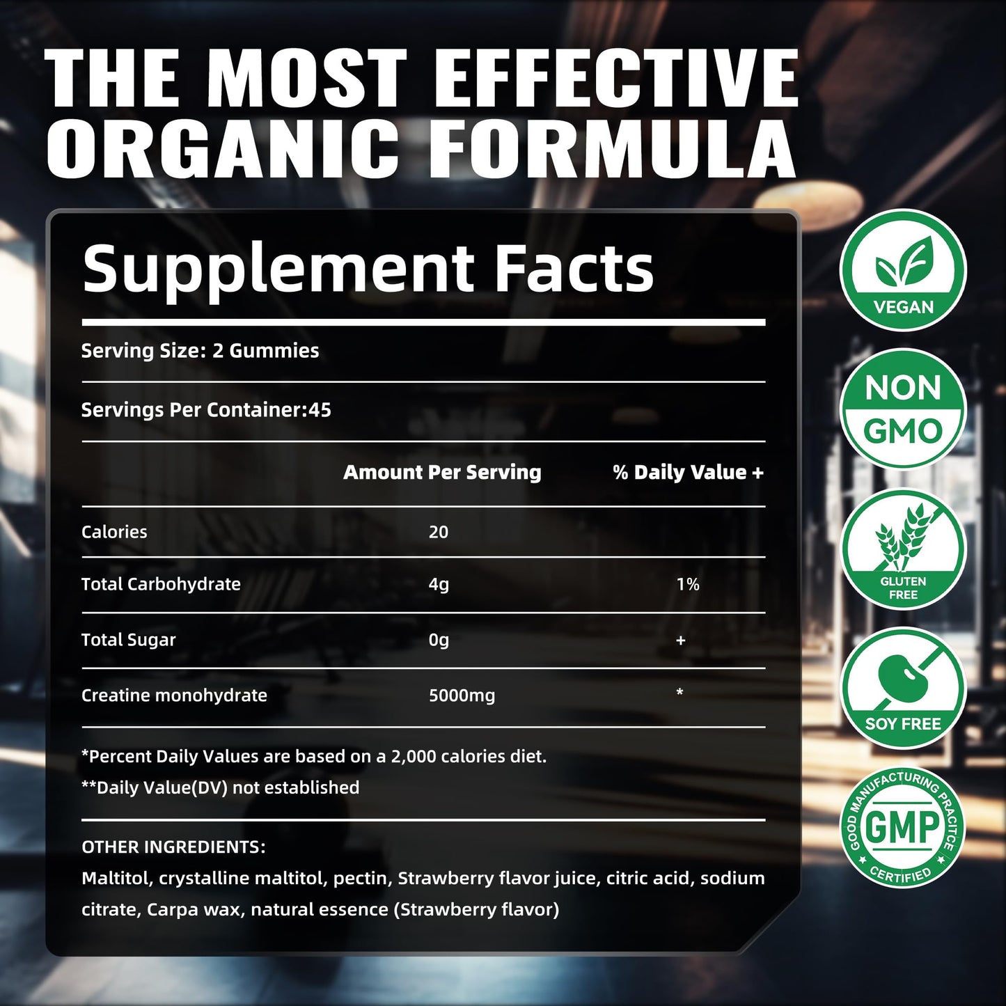 Happyummmm Creatine Monohydrate Gummies 2.5g per Gummy - Strawberry 90 ct | Vegan, Gluten-Free, Non-GMO