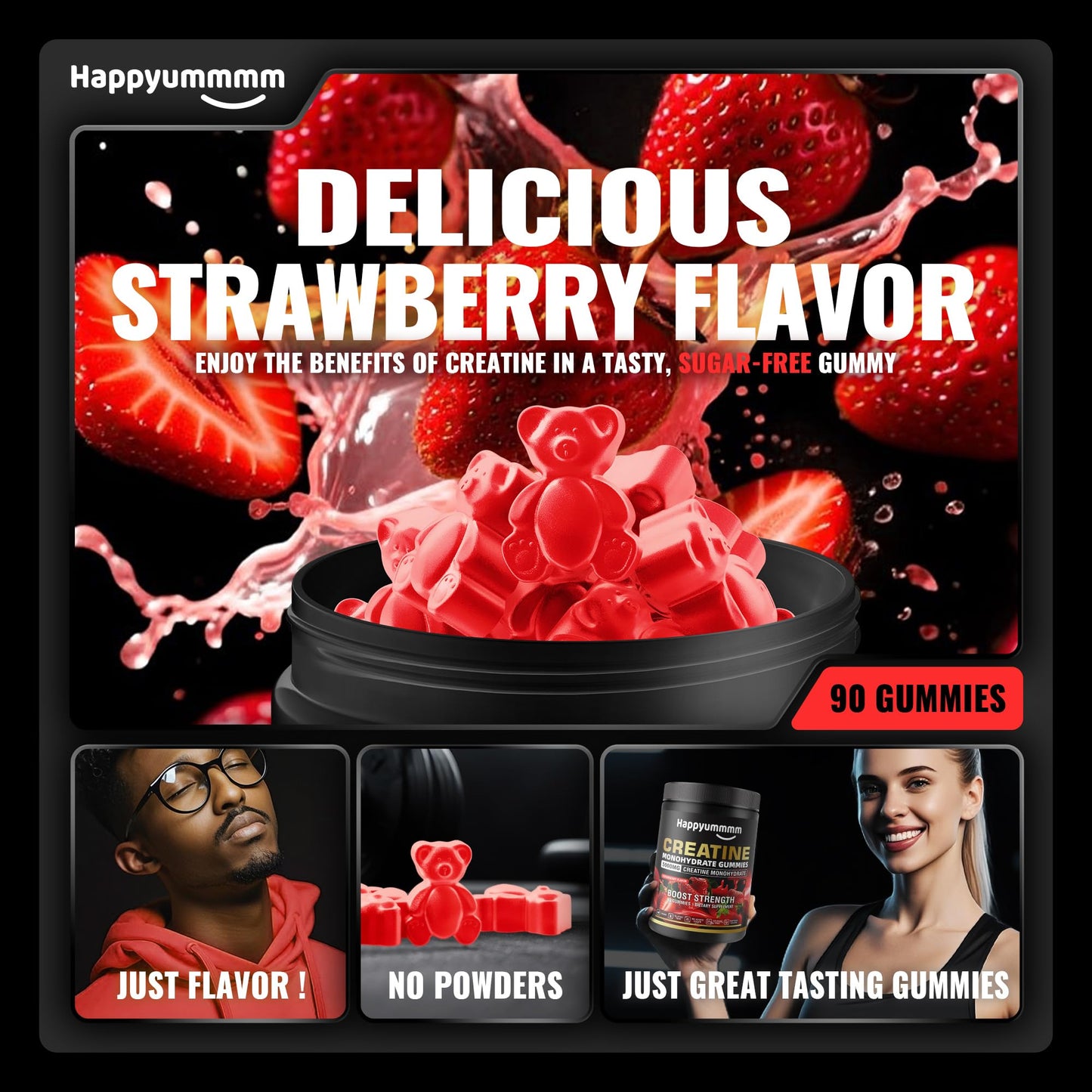 Happyummmm Creatine Monohydrate Gummies 2.5g per Gummy - Strawberry 90 ct | Vegan, Gluten-Free, Non-GMO