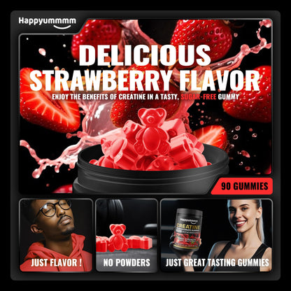 Happyummmm Creatine Monohydrate Gummies 2.5g per Gummy - Strawberry 90 ct | Vegan, Gluten-Free, Non-GMO