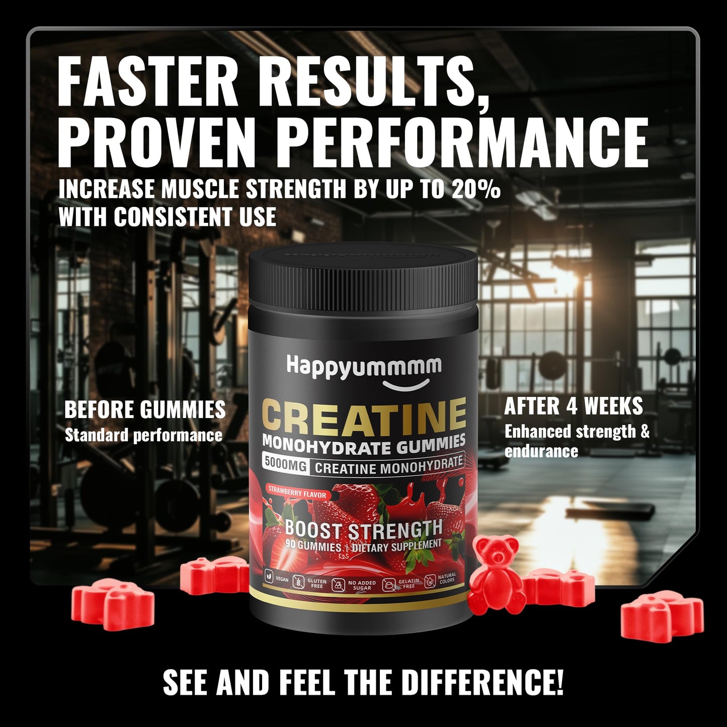 Happyummmm Creatine Monohydrate Gummies 2.5g per Gummy - Strawberry 90 ct | Vegan, Gluten-Free, Non-GMO