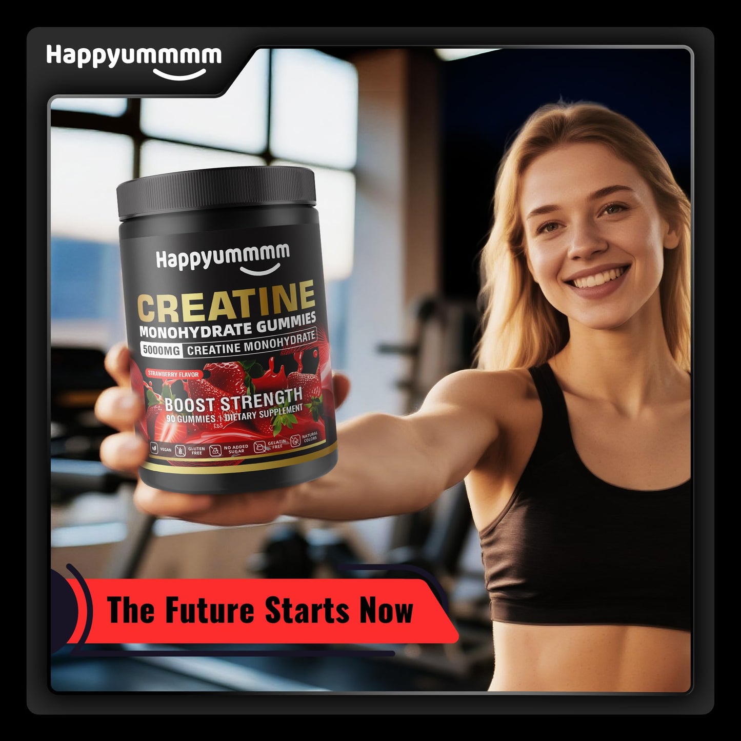 Happyummmm Creatine Monohydrate Gummies 2.5g per Gummy - Strawberry 90 ct | Vegan, Gluten-Free, Non-GMO