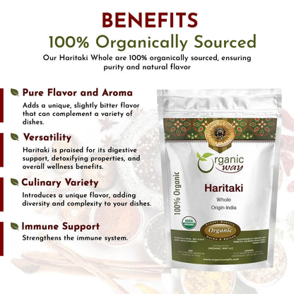 Organic Way Haritaki Whole 8 oz | Haritaki Chebulic Myrobalan | Kosher & USDA Organic | Vegan Non-GMO Gluten Free | 100% Raw from India