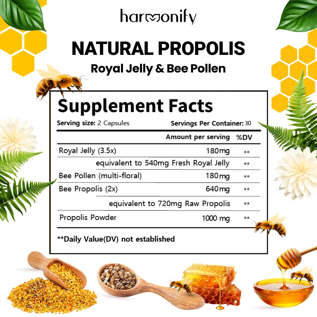 HARMONIFY Bee Pollen Propolis Royal Jelly Extract 1000mg – Immune Support Capsules