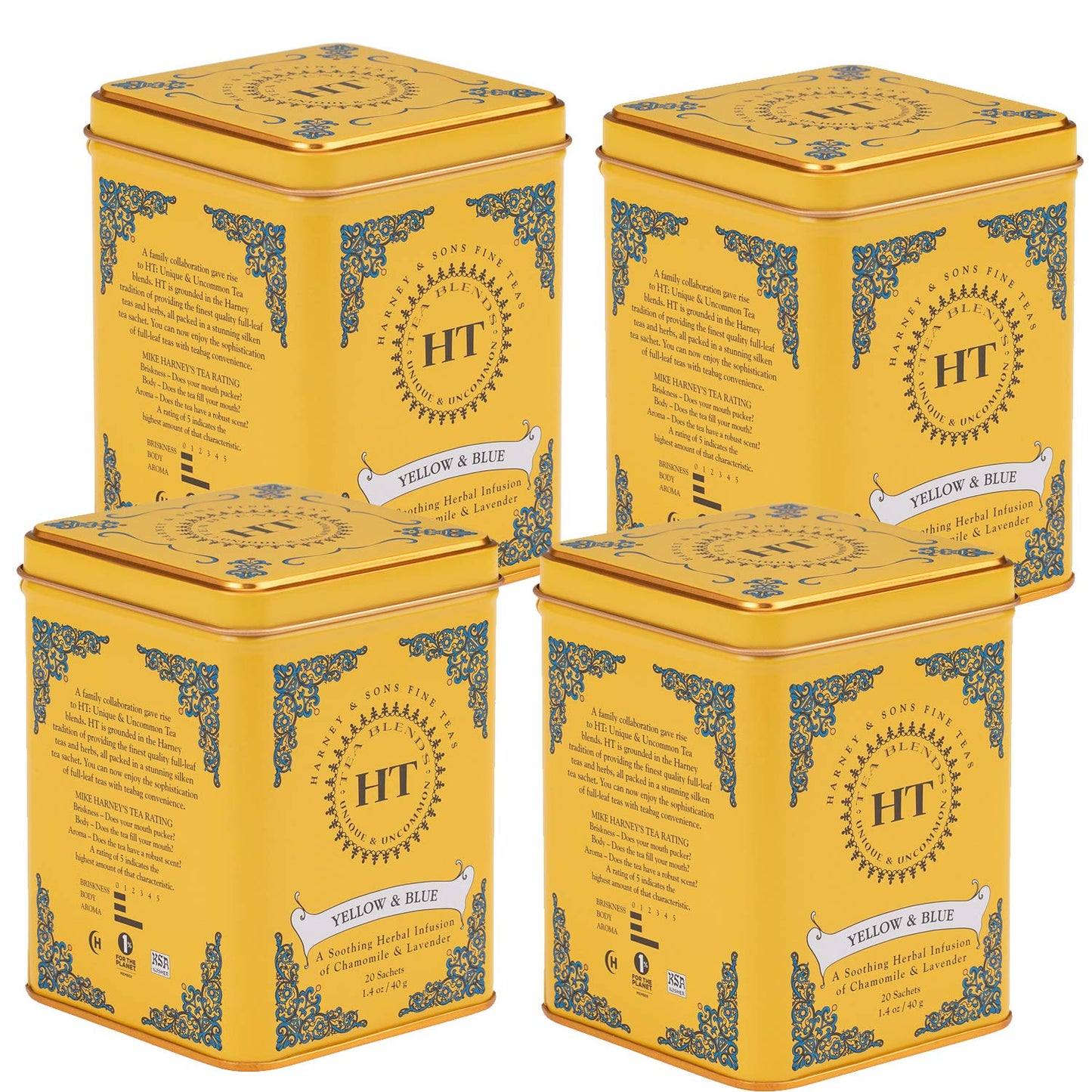 Harney & Sons Yellow and Blue Herbal Tea – Chamomile & Lavender, 20 Count per Tin (Pack of 4)