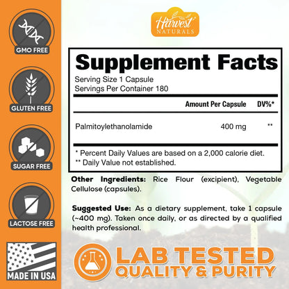 HARVEST NATURALS Palmitoylethanolamide (PEA) Capsules 400mg | 180 Count | Inflammation & Discomfort Support | Lab Tested Ingredients BritishVita | Premium UK Vitamins & Wellness Supplements