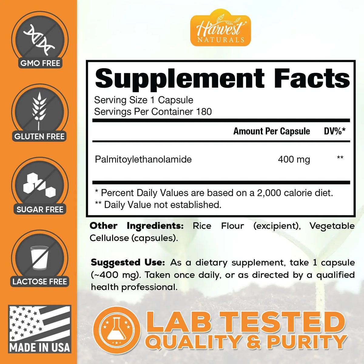 HARVEST NATURALS Palmitoylethanolamide (PEA) Capsules 400mg | 180 Count | Inflammation & Discomfort Support | Lab Tested Ingredients BritishVita | Premium UK Vitamins & Wellness Supplements