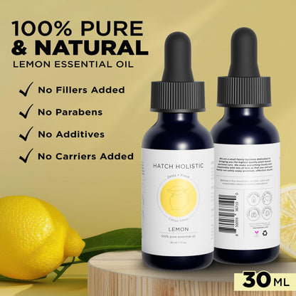 Hatch Holistic Lemon Essential Oil 1oz – 100% Natural Citrus Oil for Diffuser, Aromatherapy, Cleaning & Skincare