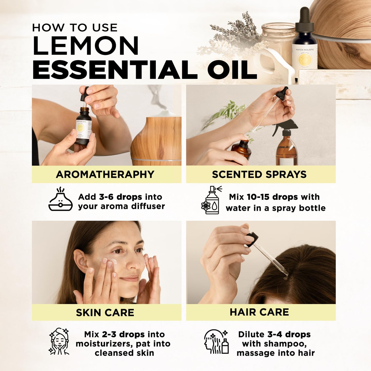 Hatch Holistic Lemon Essential Oil 1oz – 100% Natural Citrus Oil for Diffuser, Aromatherapy, Cleaning & Skincare