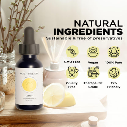 Hatch Holistic Lemon Essential Oil 1oz – 100% Natural Citrus Oil for Diffuser, Aromatherapy, Cleaning & Skincare