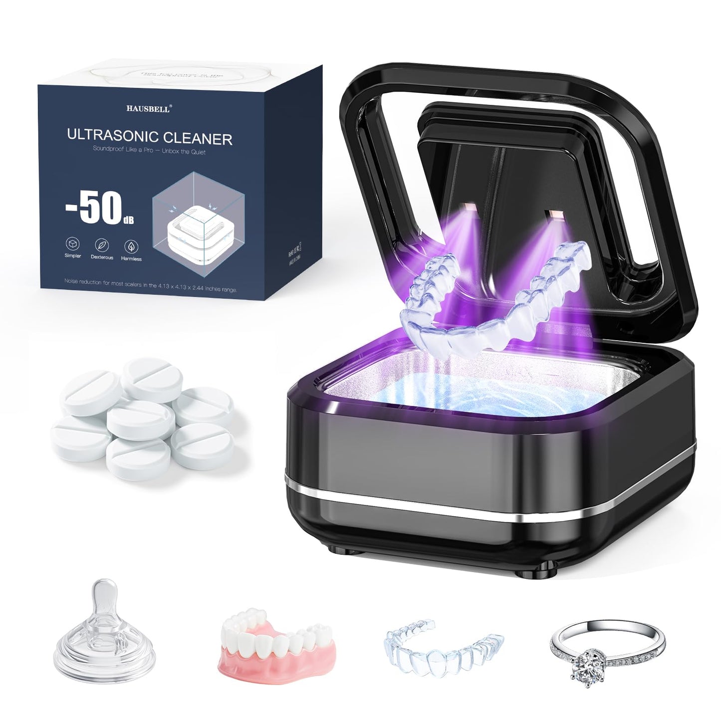 HAUSBELL Dental Pod Ultrasonic Retainer Cleaner – 8 Tablets + Noise-Reduction Lid