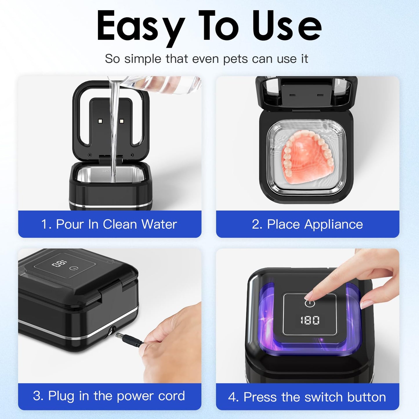 HAUSBELL Dental Pod Ultrasonic Retainer Cleaner – 8 Tablets + Noise-Reduction Lid