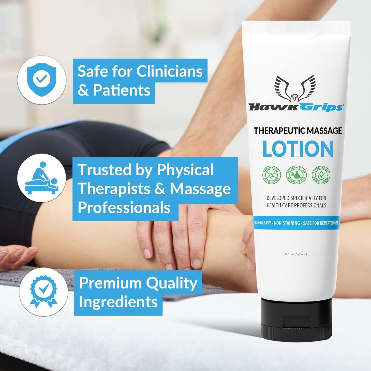HawkGrips 8oz Therapeutic Massage Lotion – Unscented, Non-Greasy, Deep Tissue