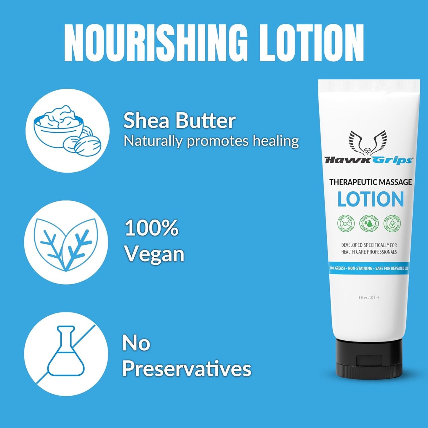 8oz Therapeutic Massage Lotion – Unscented, Non-Greasy | HawkGrips (Pack of 6)