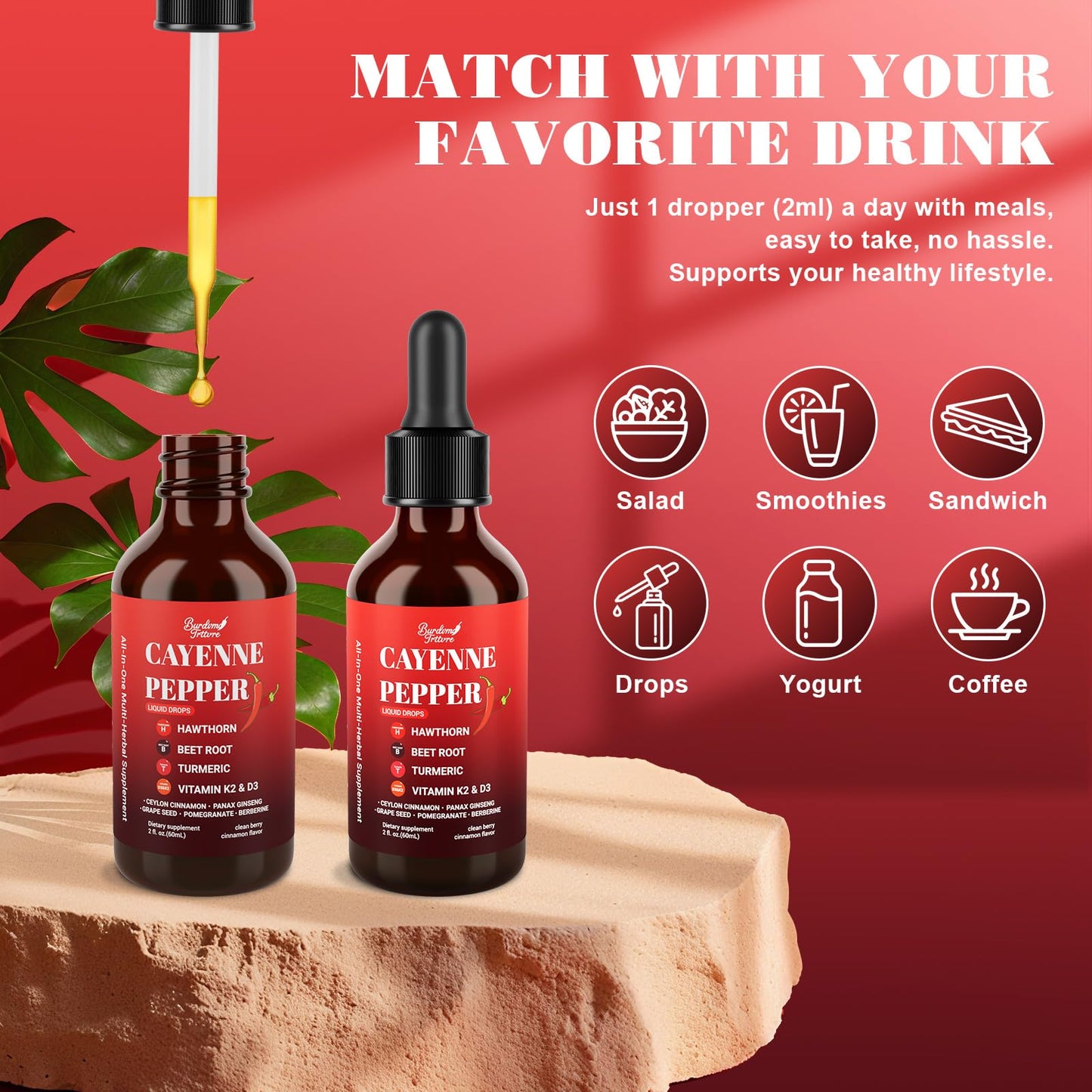 Premium Cayenne Pepper Drops Supplement with Hawthorn, Beet Root, Turmeric, Vitamin K2 & D3, Ginseng, Ceylon Cinnamon – Capsaicin Supplements for Wellness Support - 4 OZ