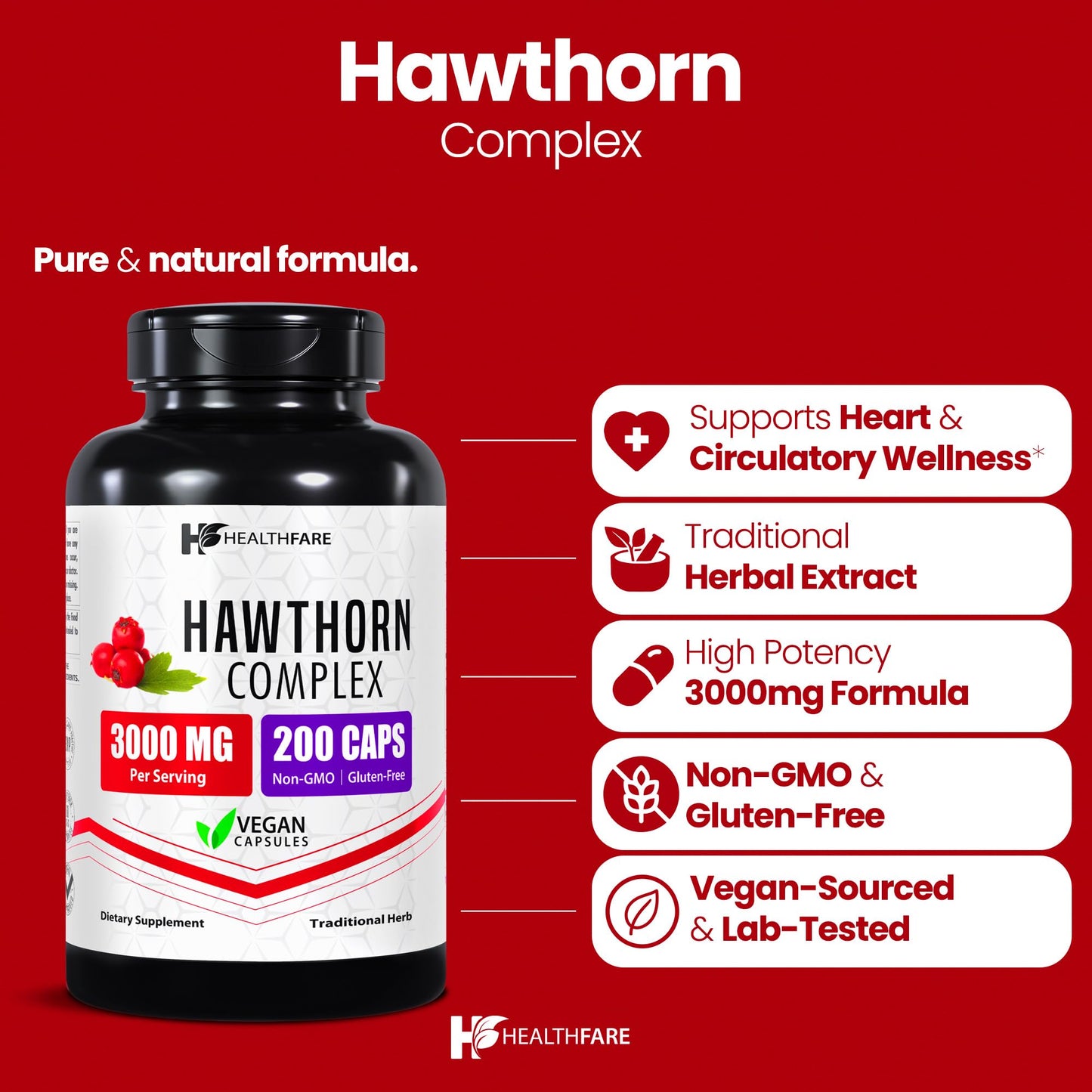 HealthFare Hawthorn Berry 3000mg – Heart & Circulatory Support | Vegan, Made in USA