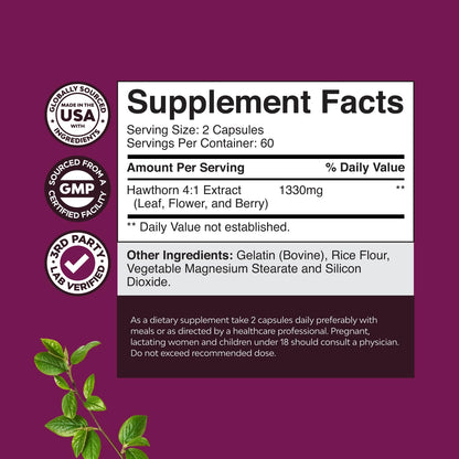 High Strength Hawthorn Berry Capsules - 4:1 Leaf & Flower Extract for Heart Health | 120 Count