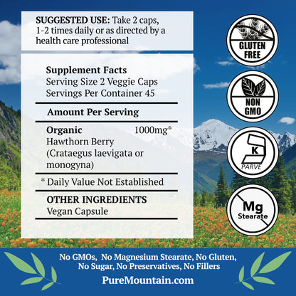 Pure Mountain Botanicals Hawthorn Berry Capsules – Kosher Vegan 1000mg Organic Hawthorn Berry Supplement