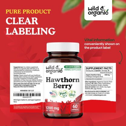Wild & Organic Hawthorn Berry Capsules 1200 mg – 60 Count | Overall Support, Vegan, Non-GMO