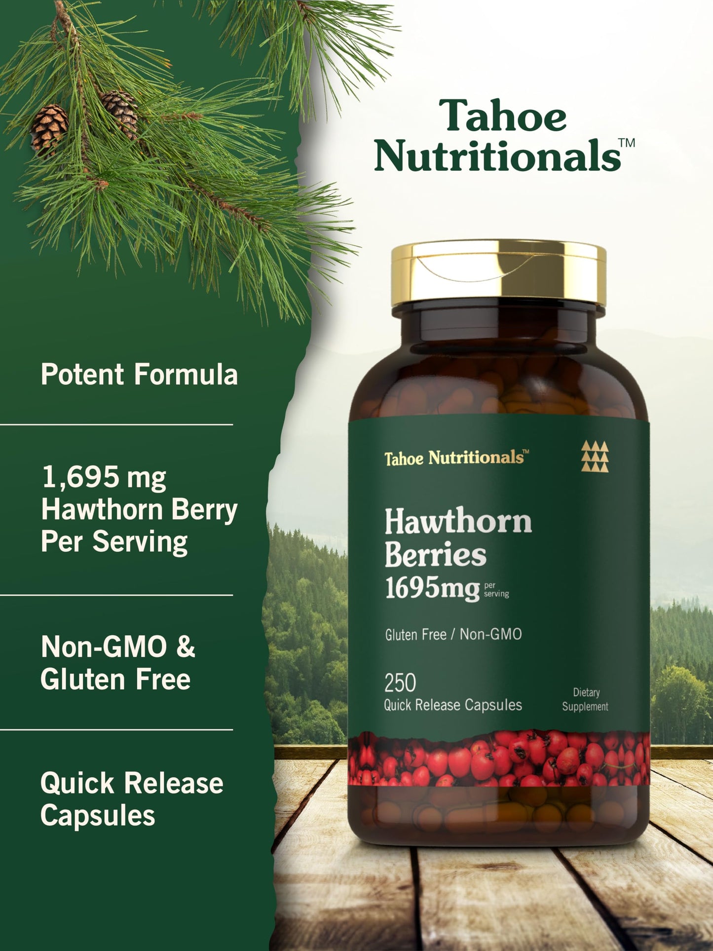 Tahoe Nutritionals Hawthorn Berry Capsules – 1695 mg per Serving, 250 Count – Non-GMO, Gluten Free