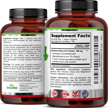 Zazzee Hawthorn Berry Extract 8000 mg (20:1) 150 Vegan Capsules
