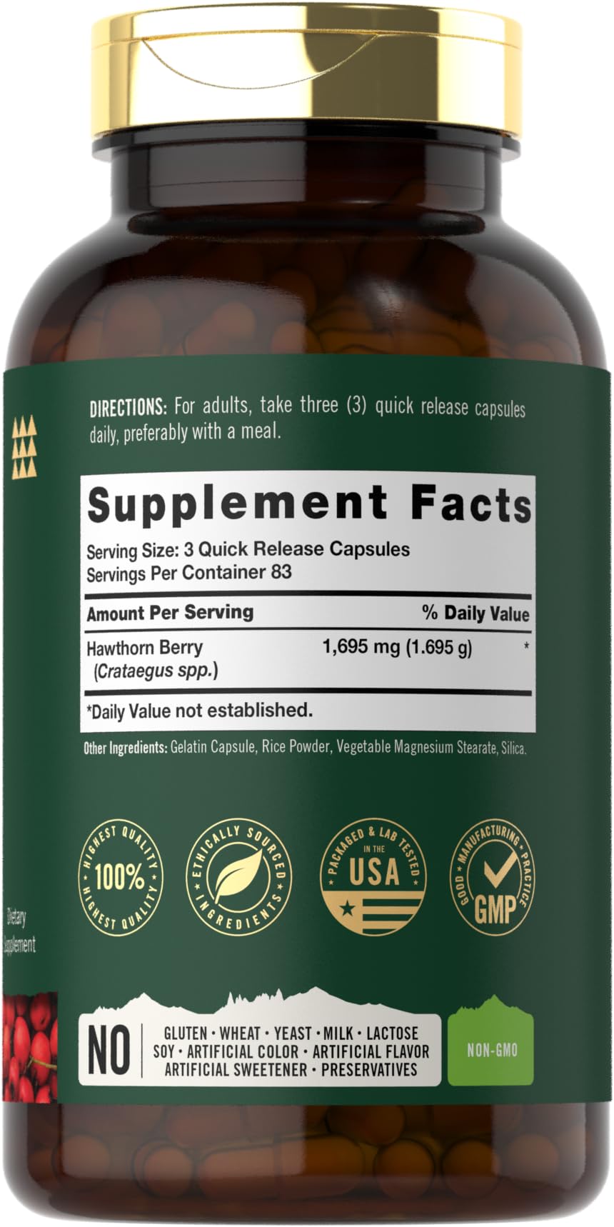 Tahoe Nutritionals Hawthorn Berry Capsules – 1695 mg per Serving, 250 Count – Non-GMO, Gluten Free
