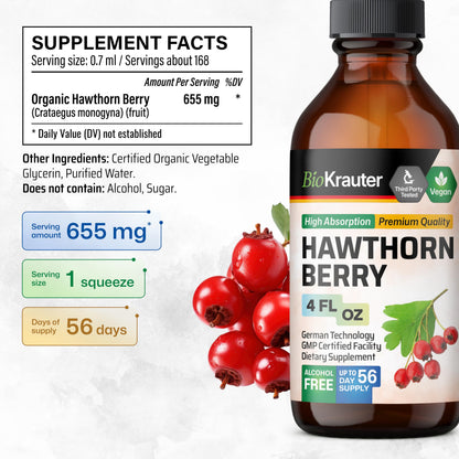 BIO KRAUTER Hawthorn Berry Liquid Drops - Vegan, Alcohol-Free, 655 mg per Serving