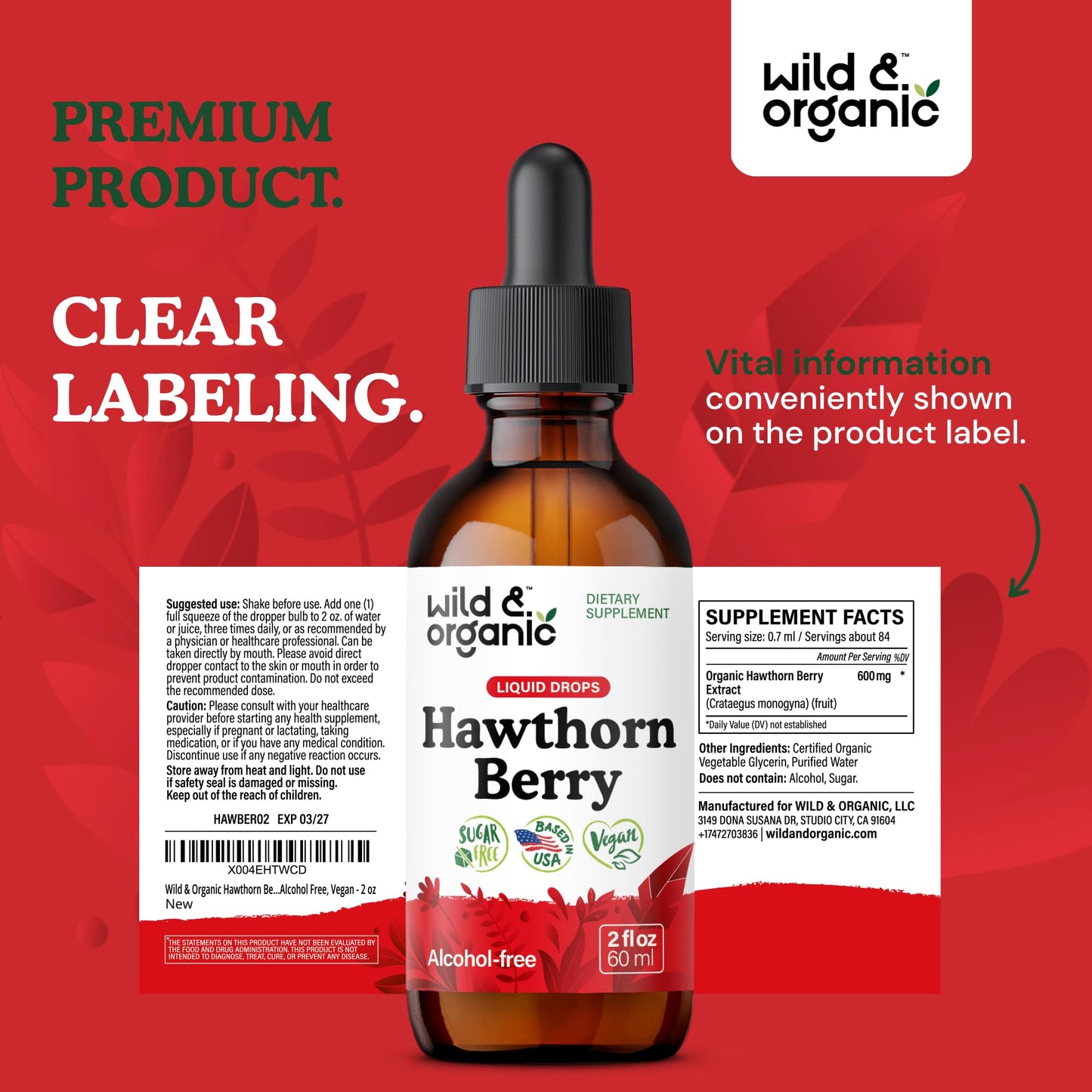Wild & Organic Hawthorn Berry Extract Drops 600 mg | Vegan, Alcohol-Free | 2 oz