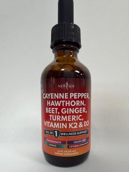 Cayenne Pepper Liquid Drops with Hawthorn Berry, Vitamin D3 K2 – 6oz