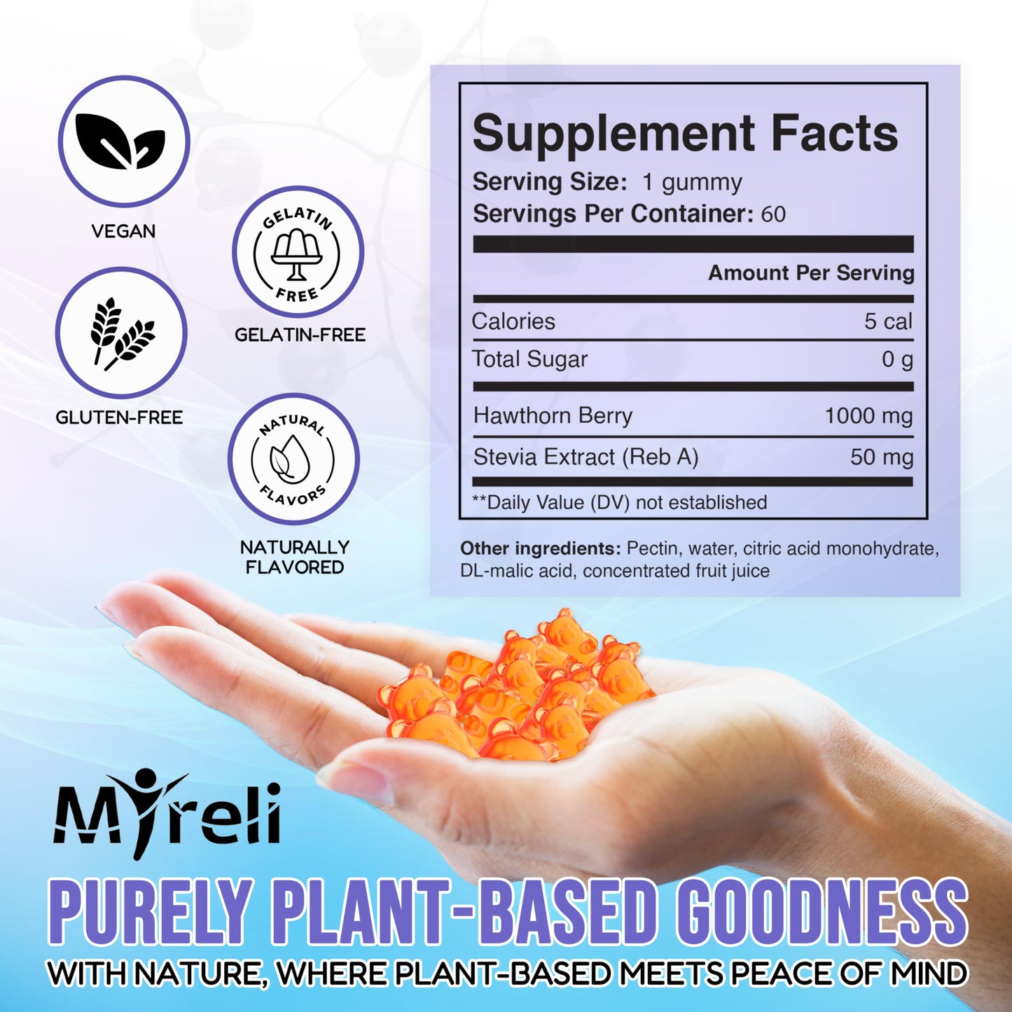 Hawthorn Berry Gummies 1000mg - Vegan, Gluten-Free | Plant-Based Arterial Support - 60 Chewables