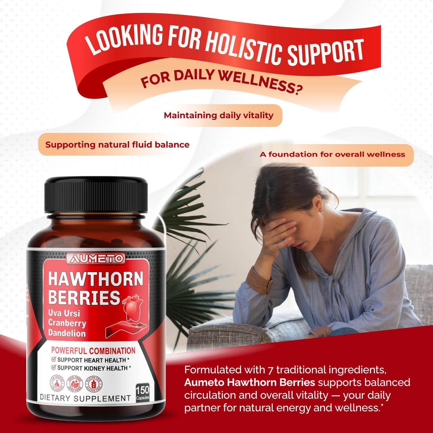 AUMETO 7-in-1 Hawthorn Berry Capsules – Heart & Kidney Support (150 Count)