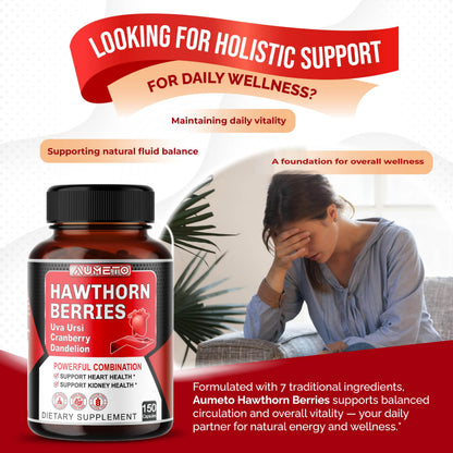 AUMETO 7-in-1 Hawthorn Berry Capsules – Heart & Kidney Support (150 Count)
