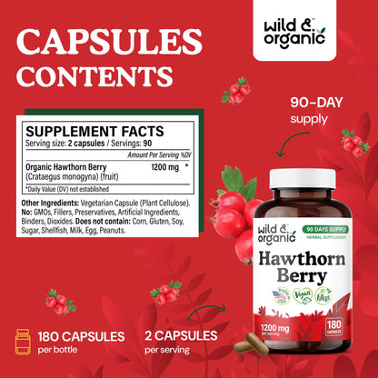 Wild & Organic Hawthorn Berry Capsules 1200 mg - 180 Count | Vegan, Non-GMO