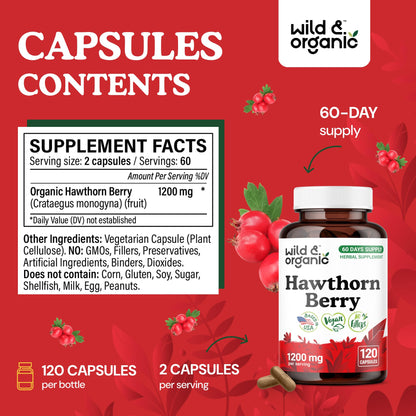 Wild & Organic Hawthorn Berry Capsules 1200 mg - 60-Day Vegan, Non-GMO | 120 Count