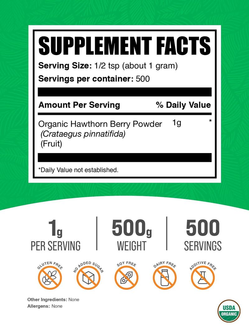 Organic Hawthorn Berry Powder - Vegan & Gluten Free, 500g (1g/Serving)