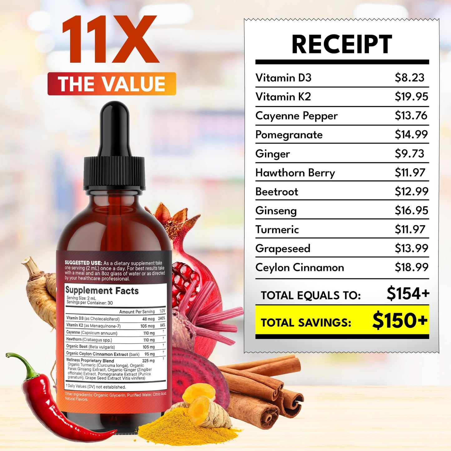 Cayenne Pepper Liquid Drops with Hawthorn Berry, D3 K2, Beet Root Powder, Cinnamon, Turmeric & Ginseng - 2oz