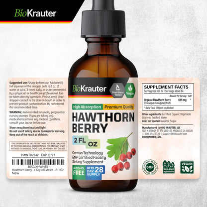 BIO KRAUTER Hawthorn Berry Drops – Pure Vegan Hawthorn Berry Liquid Drops, 655 mg/Serving, 2 oz, 28 Days, Alcohol & Sugar Free