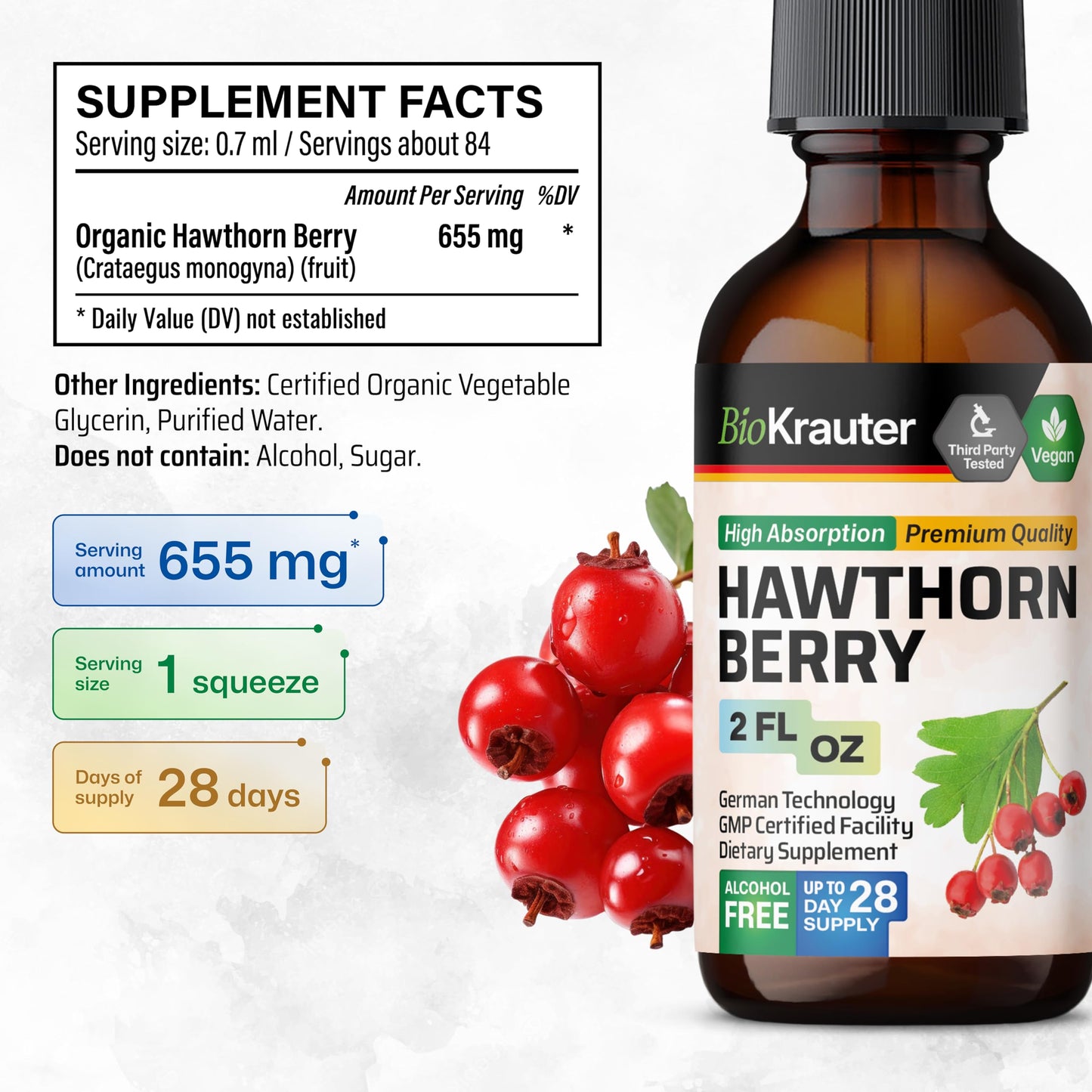BIO KRAUTER Hawthorn Berry Drops – Pure Vegan Hawthorn Berry Liquid Drops, 655 mg/Serving, 2 oz, 28 Days, Alcohol & Sugar Free