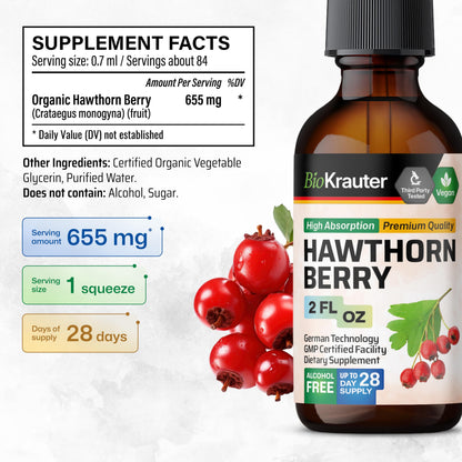 BIO KRAUTER Hawthorn Berry Drops – Pure Vegan Hawthorn Berry Liquid Drops, 655 mg/Serving, 2 oz, 28 Days, Alcohol & Sugar Free