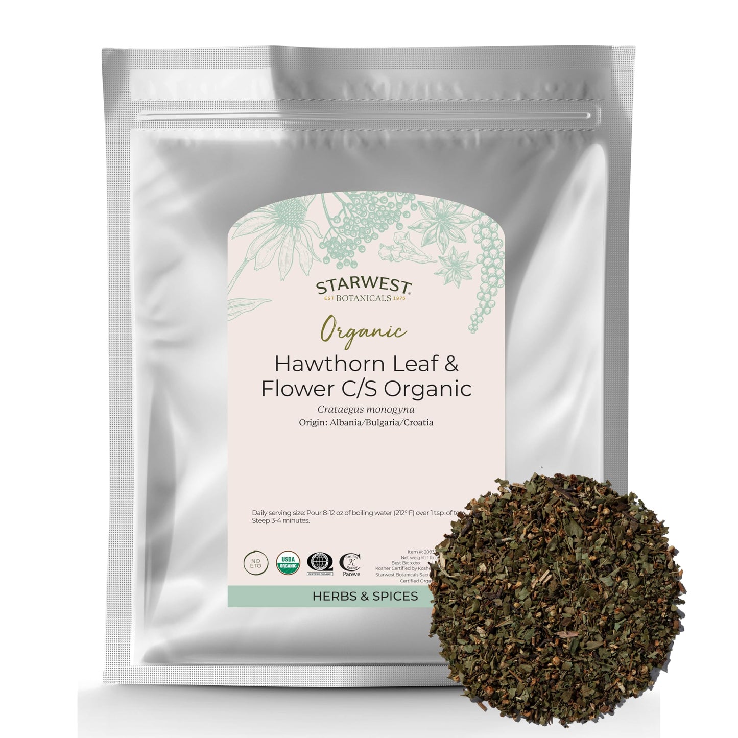 Starwest Botanicals Organic Hawthorn Leaf & Flower C/S – 1 lb (Crataegus laevigata)