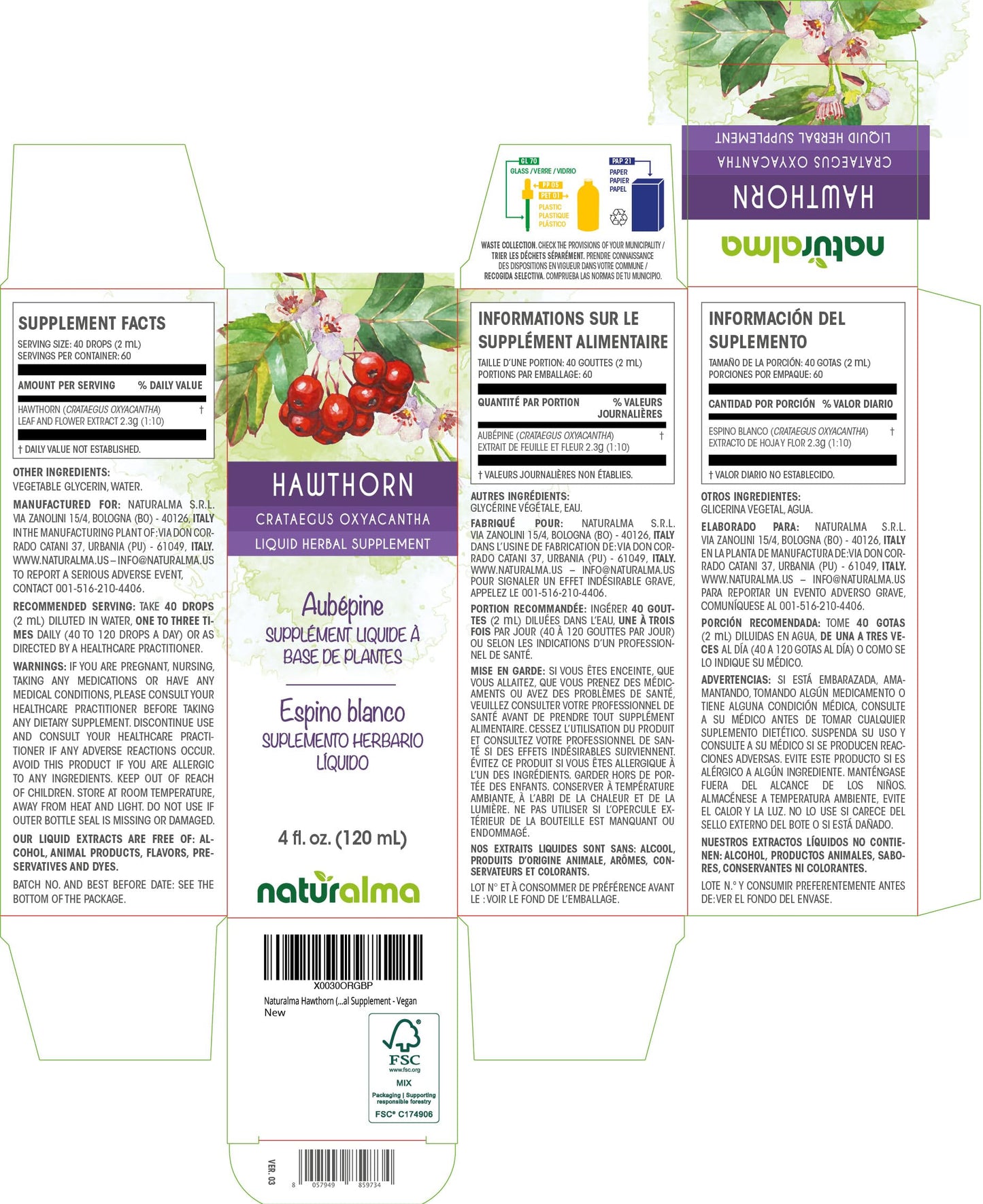 Naturalma Hawthorn Tincture – Leaf & Flower, Alcohol-Free, 4 oz – Vegan