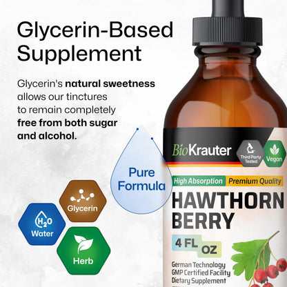 BIO KRAUTER Hawthorn Berry Liquid Drops - Vegan, Alcohol-Free, 655 mg per Serving